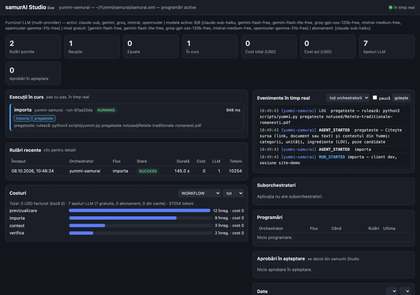 samurai-web live panel: AI agents importing a recipe from a PDF, step by step