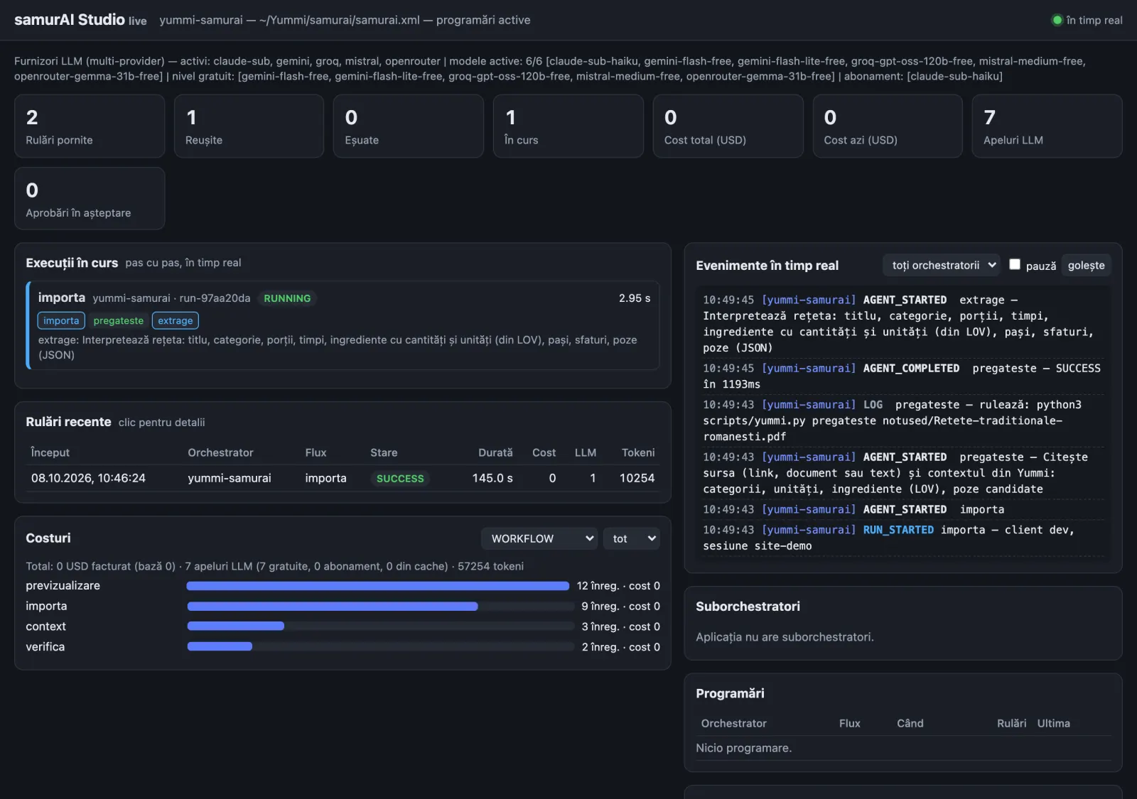 samurai-web real-time events: agents, LLM call, tokens and cost